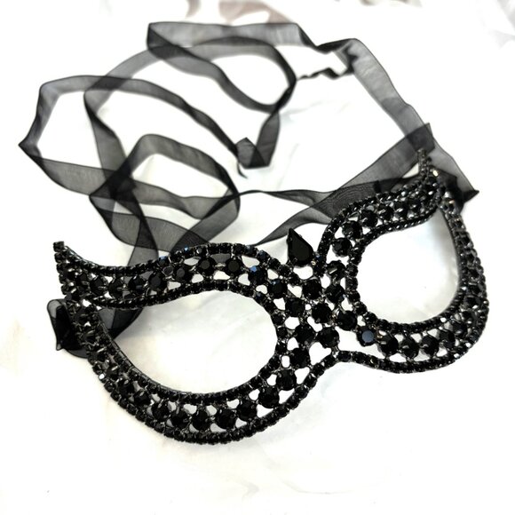 Black Rhinestone Jeweled Metal Harlequin Facemask NWT NOS - Picture 2 of 15